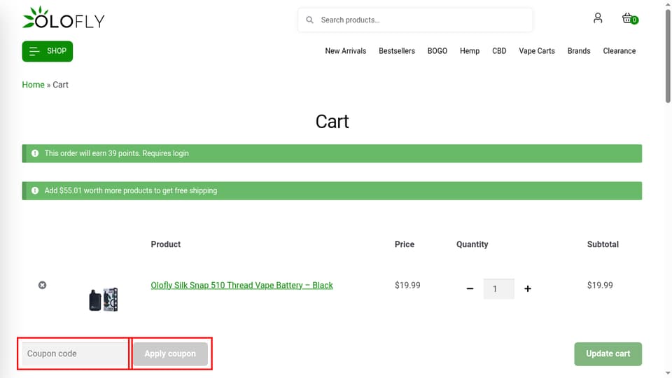 Olofly checkout page showing the Coupon code field and Apply coupon button
