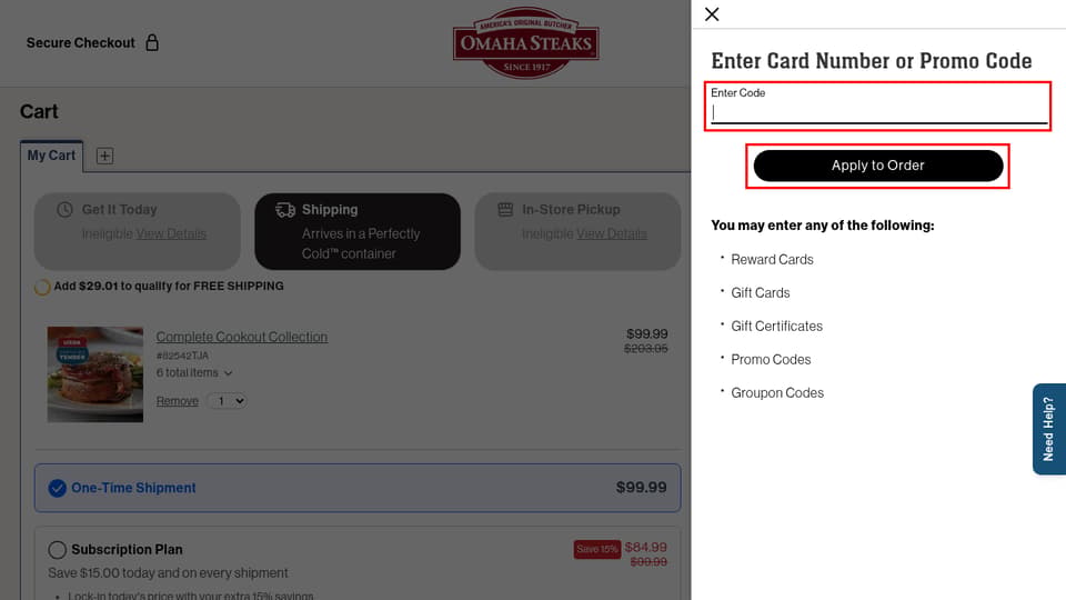 Omaha Steaks checkout page showing the Enter Code field and Apply to Order button