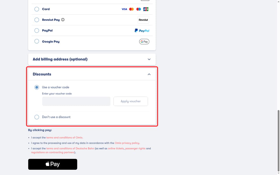 Omio checkout page showing the Enter your voucher code field and Apply voucher button
