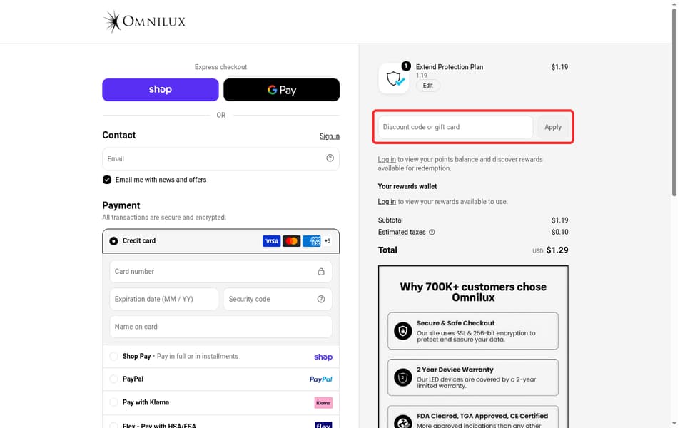 Omnilux checkout page showing the Discount code or gift card field and Apply button
