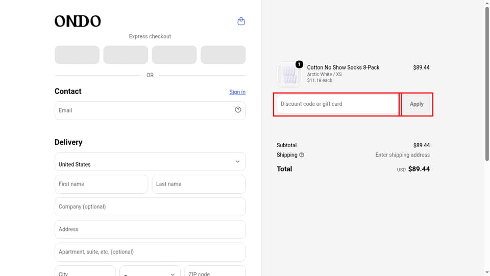 Ondo Finance checkout page showing the Discount code or gift card field and Apply button