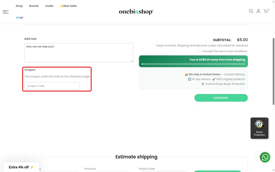 OneBioShop checkout page showing the Coupon code field and Apply button