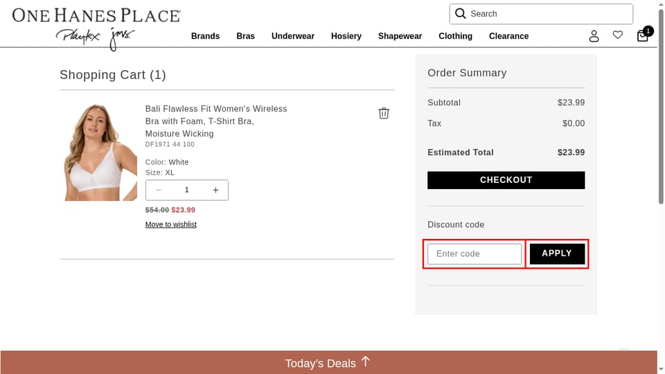 One Hanes Place checkout page showing the Enter code field and APPLY button
