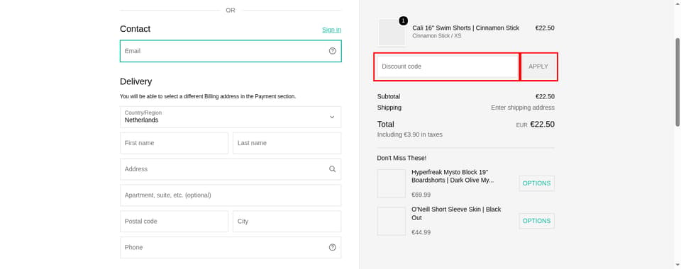 O'Neill checkout page showing the 