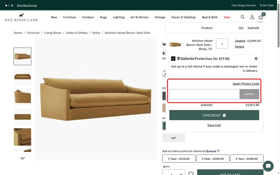 One Kings Lane checkout page showing the Apply Promo Code field and Apply button