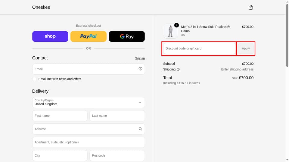 Oneskee checkout page showing the Discount code or gift card field and Apply button