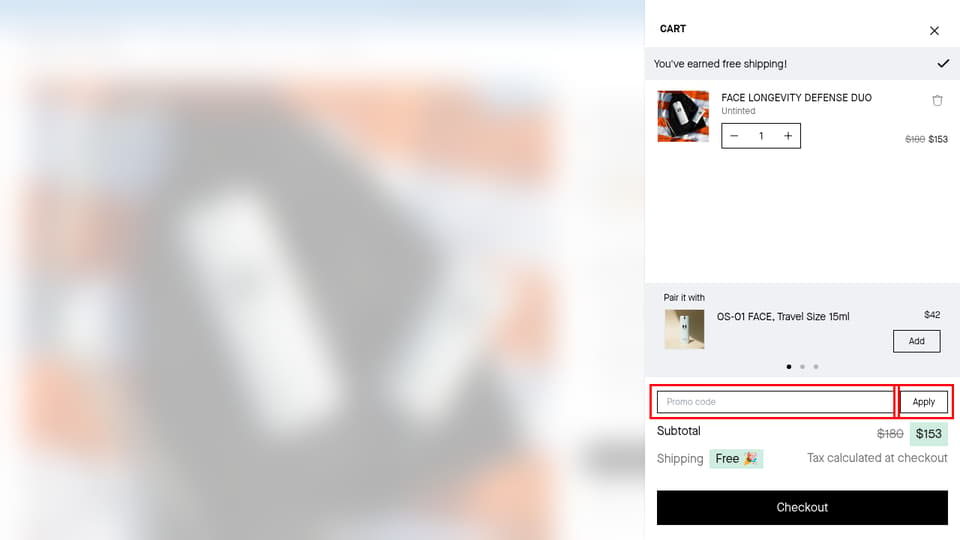 OneSkin checkout page showing the Promo code field and Apply button