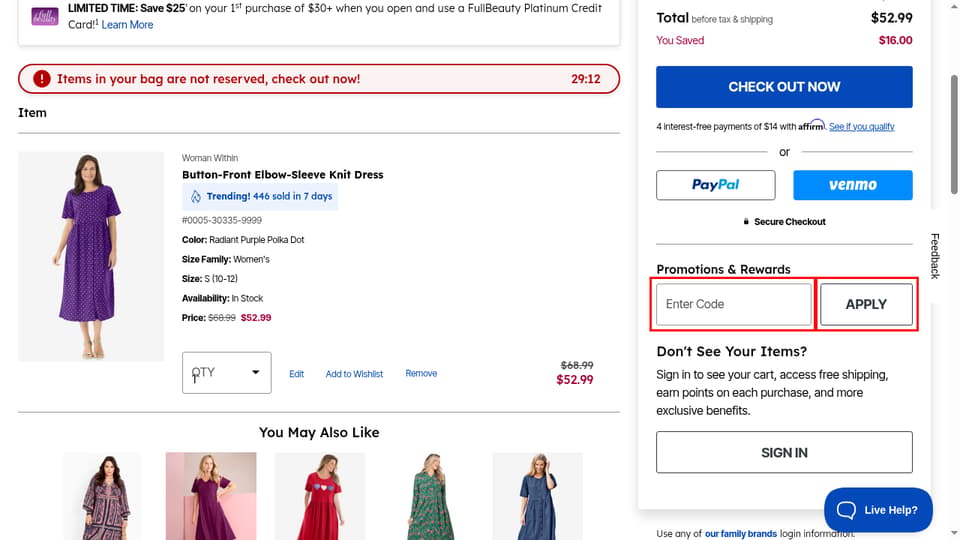 OneStopPlus checkout page showing the Enter Code field and Apply button