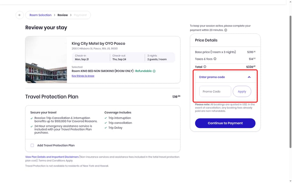 One Travel checkout page showing the Promo Code field and Apply button