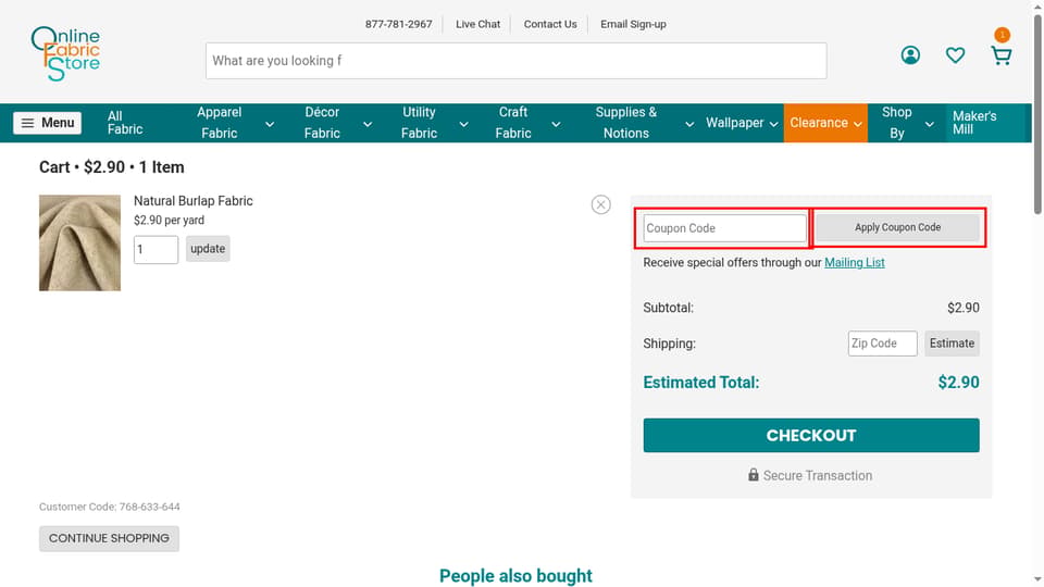 Online Fabric Store checkout page showing the Coupon Code field and Apply Coupon Code button