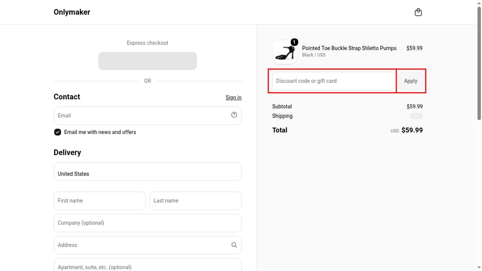 Onlymaker checkout page showing the Discount code or gift card field and Apply button