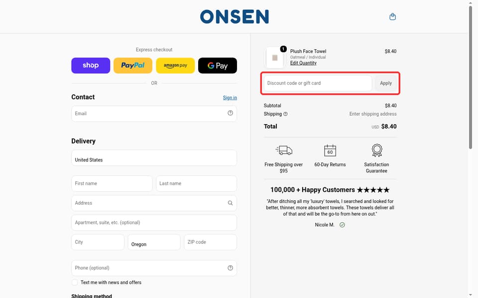 Onsen checkout page showing the Discount code or gift card field and Apply button