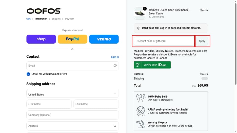 OOFOS checkout page showing the Discount code or gift card field and Apply button