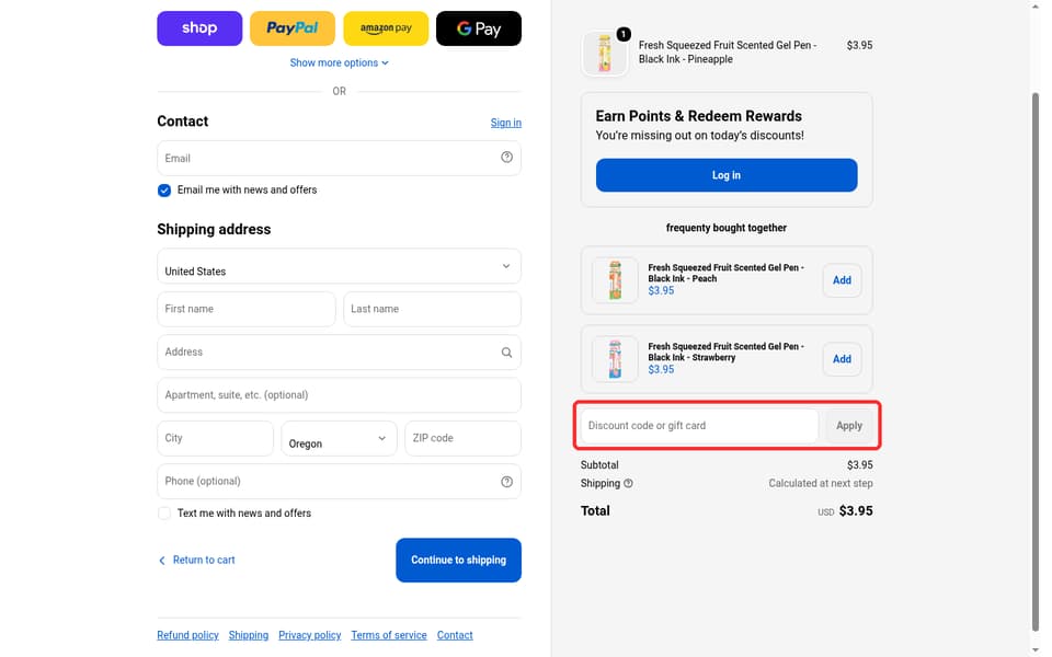 Ooly checkout page showing the Discount code or gift card field and Apply button