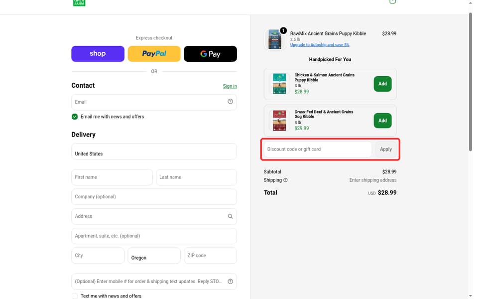 Open Farm checkout page showing the Discount code or gift card field and Apply button