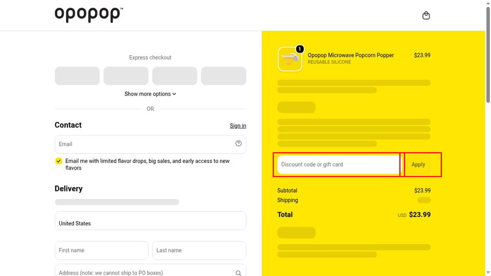 Opopop checkout page showing the Discount code or gift card field and Apply button