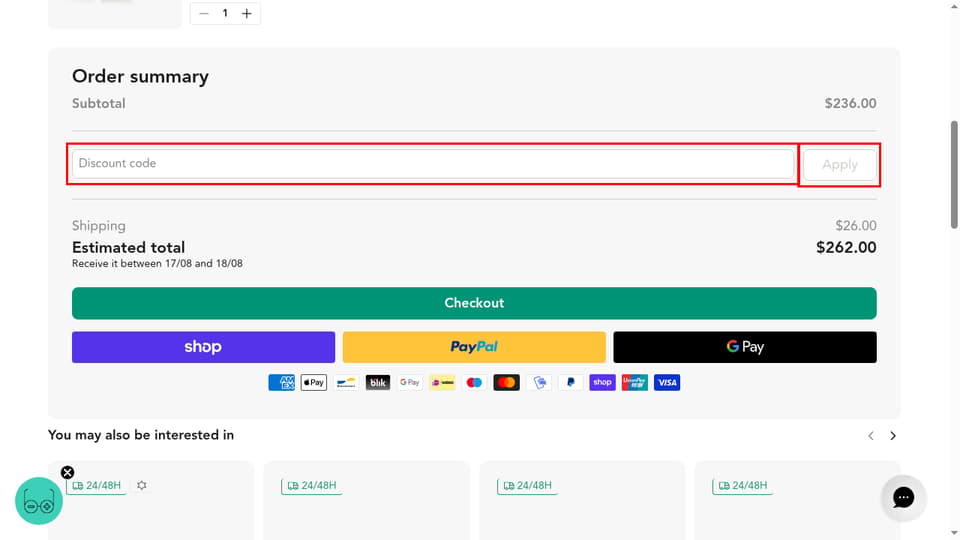 Bassol Optic checkout page showing the Discount code field and Apply button