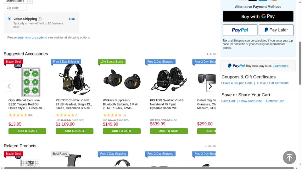 OpticsPlanet checkout page showing the Enter Coupon Code field and Apply button