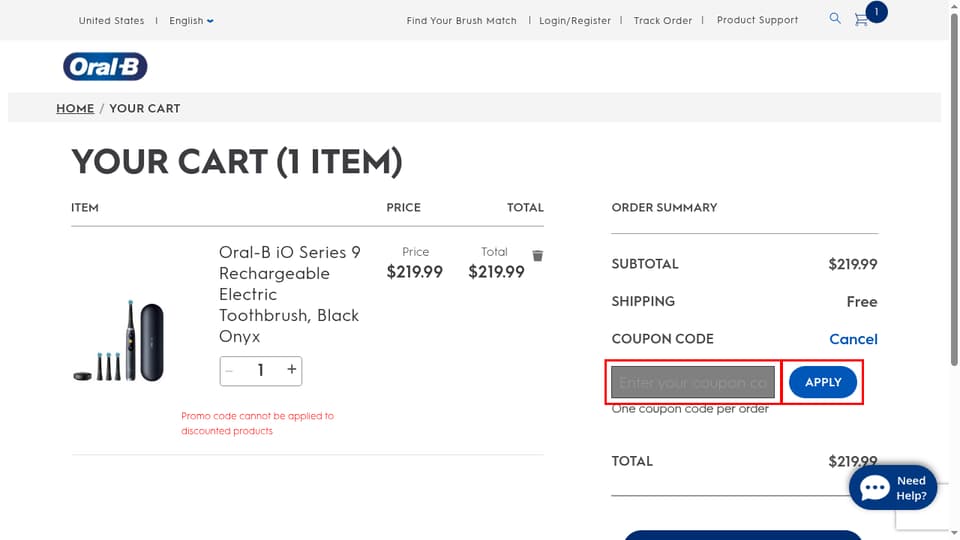 Oral-B checkout page showing the Enter your coupon code field and APPLY button