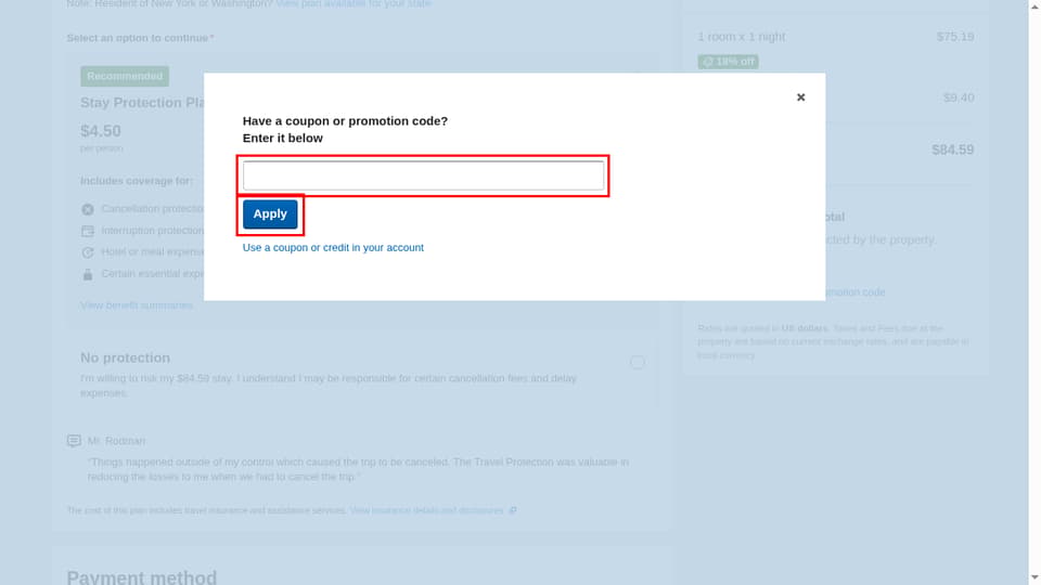 Orbitz checkout page showing the Enter it below field and Apply button
