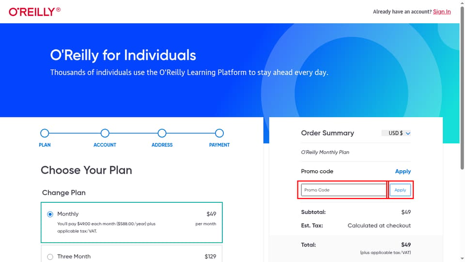 O'Reilly checkout page showing the Promo Code field and Apply button