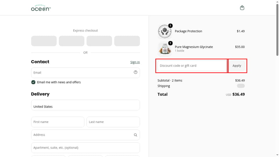 Organics Ocean checkout page showing the Discount code or gift card field and Apply button