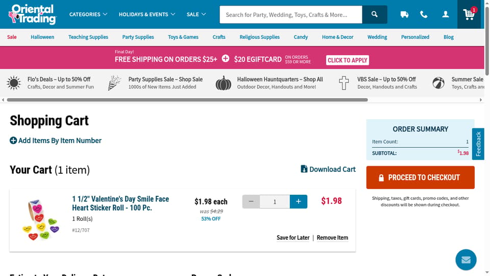 Oriental Trading Company checkout page showing the Enter Promo Code field and Apply button