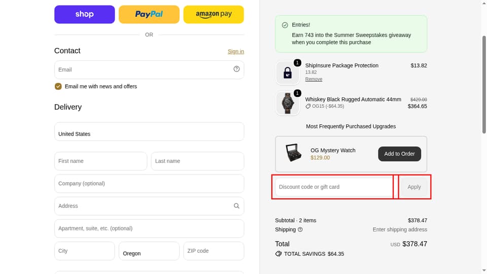 Original Grain checkout page showing the Discount code or gift card field and Apply button
