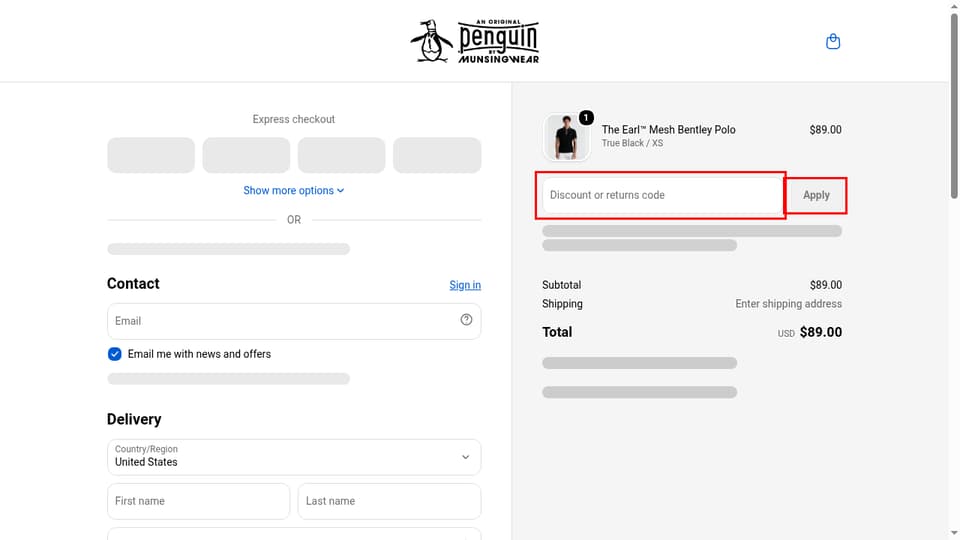 Original Penguin checkout page showing the Discount or returns code field and Apply button
