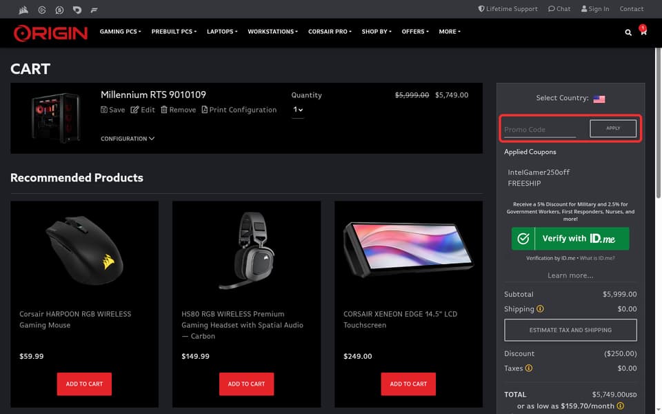ORIGIN PC checkout page showing the Promo Code field and Apply button