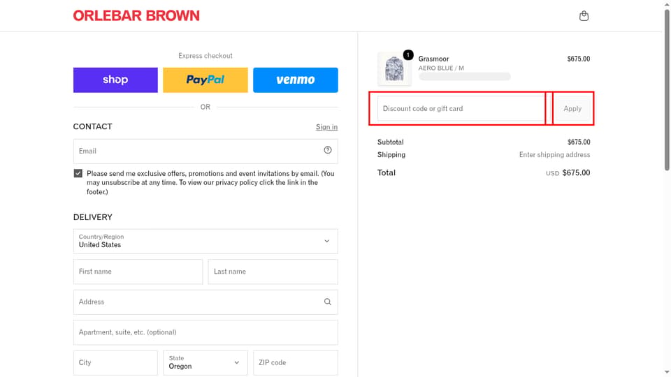 Orlebar Brown checkout page showing the Discount code or gift card field and Apply button
