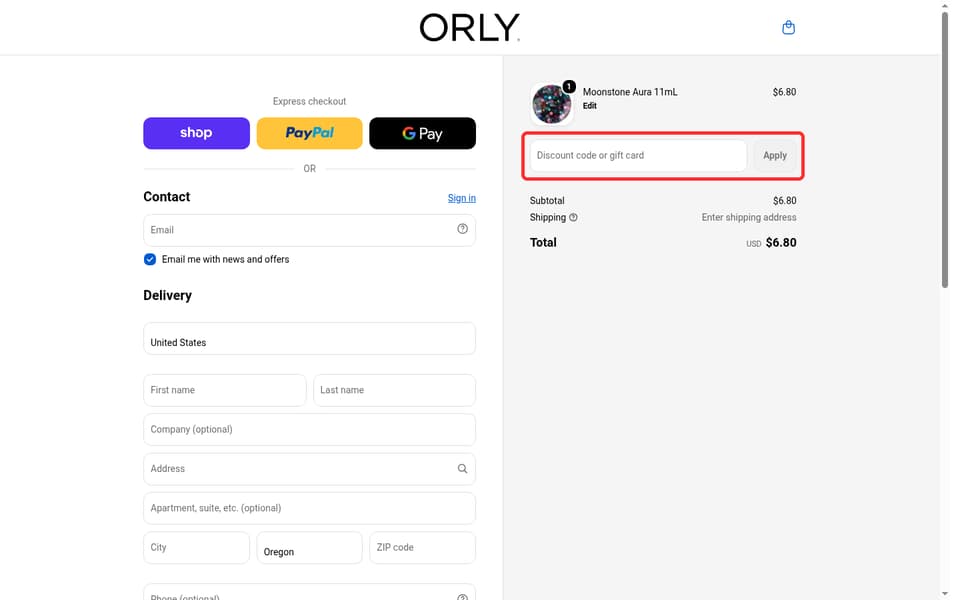 ORLY checkout page showing the Discount code or gift card field and Apply button