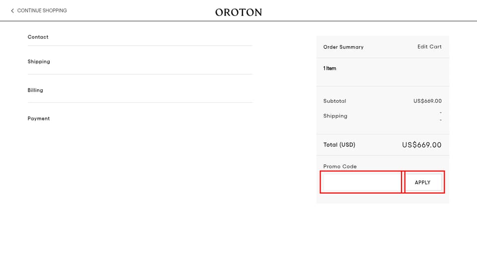 Oroton checkout page showing the Promo Code field and APPLY button