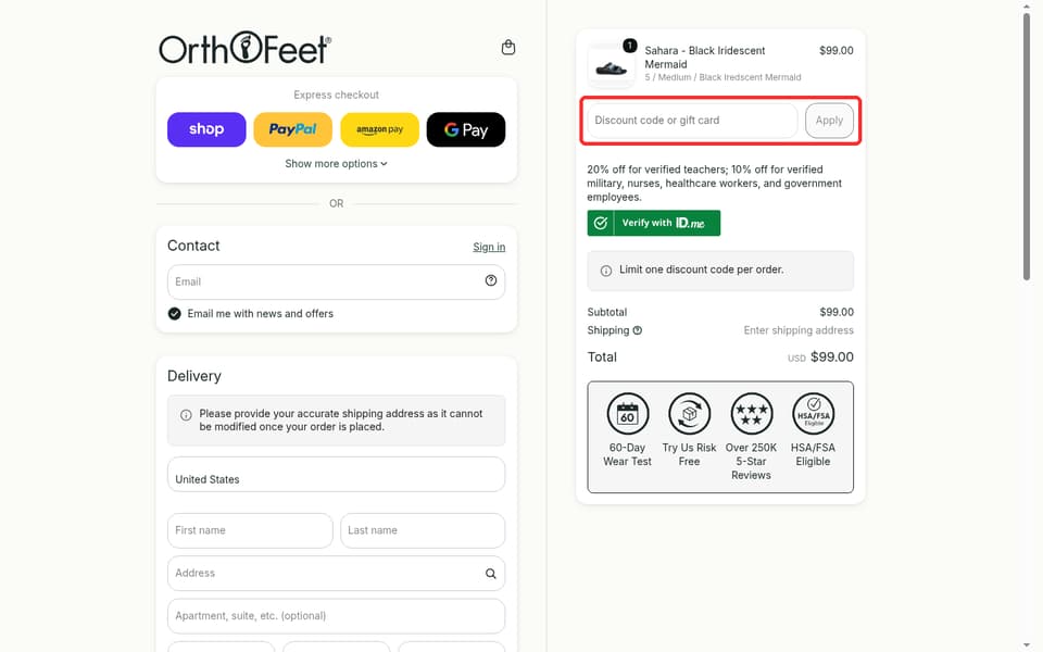 Orthofeet checkout page showing the Discount code or gift card field and Apply button