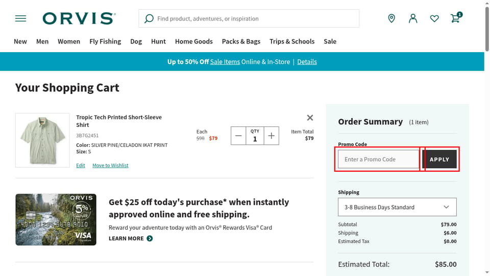 Orvis checkout page showing the Enter a Promo Code field and Apply button