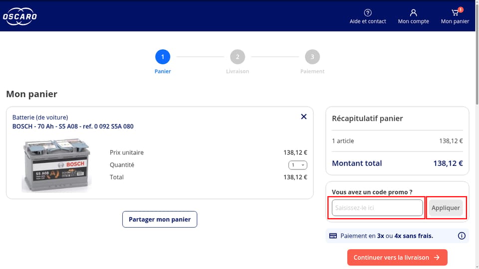 Oscaro checkout page showing the Saisissez-le ici field and Appliquer button