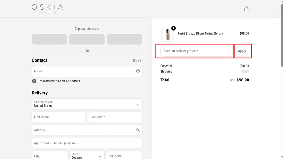 OSKIA Skincare checkout page showing the Discount code or gift card field and Apply button