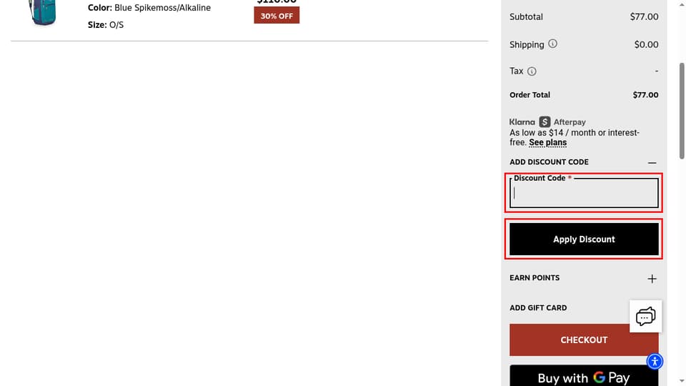 Osprey checkout page showing the Enter discount code field and Apply Discount button