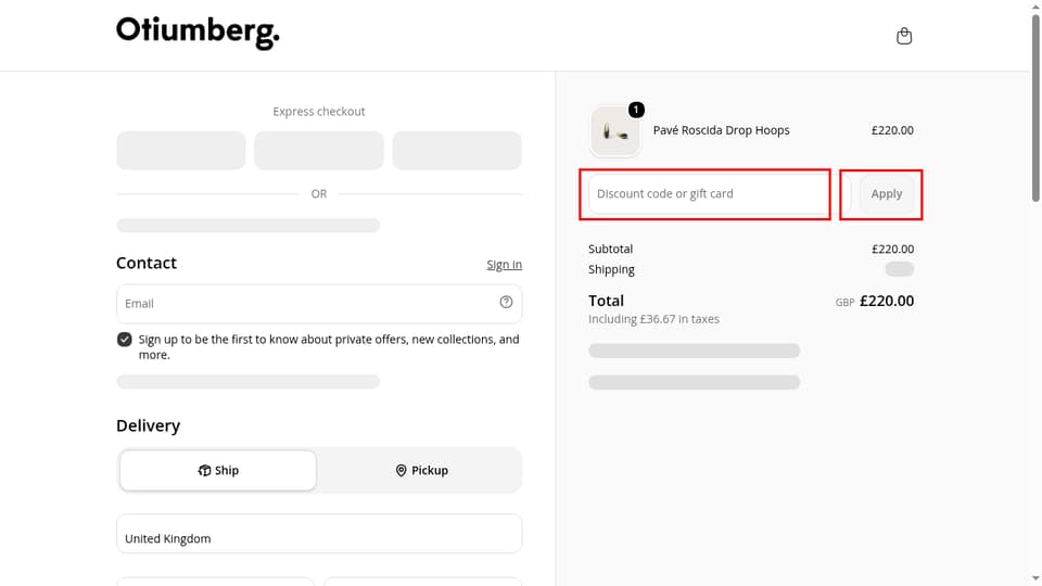 Otiumberg checkout page showing the Discount code or gift card field and Apply button