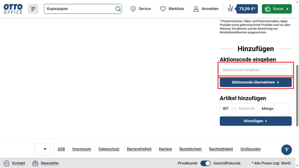 OTTO Office checkout page showing the Aktionscode eingeben field and Aktionscode übernehmen button