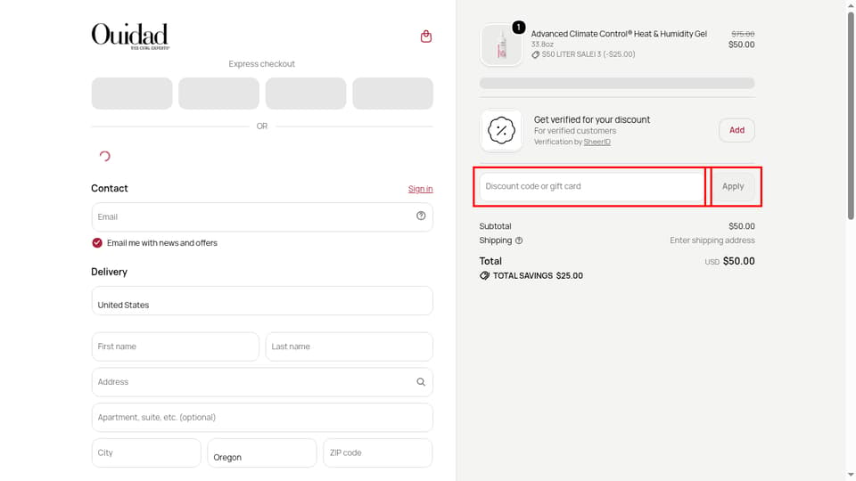 Ouidad checkout page showing the Discount code or gift card field and Apply button