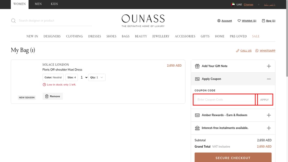 Ounass checkout page showing the Enter Coupon Code field and Apply button
