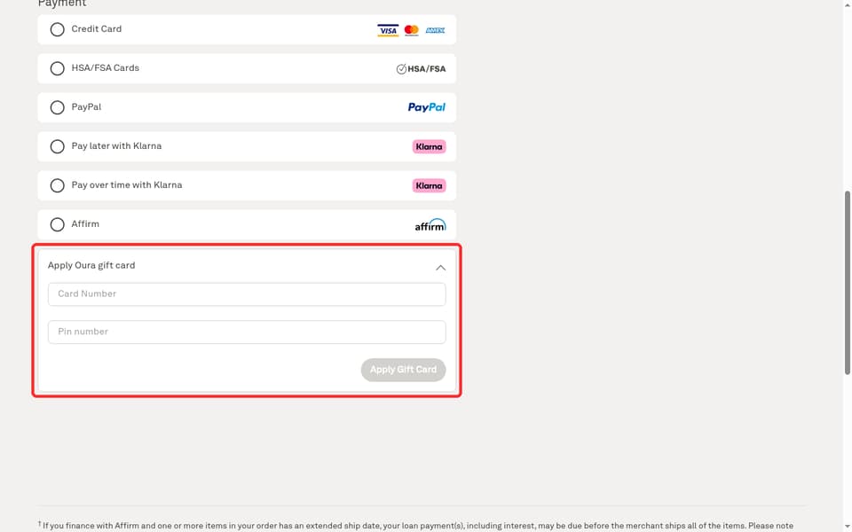 Oura checkout page showing the Card Number field and Apply Gift Card button