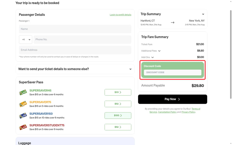OurBus checkout page showing the Discount Code field and Apply button