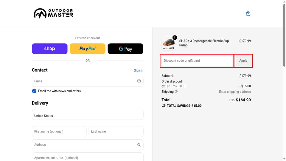 Outdoor Master checkout page showing the Discount code or gift card field and Apply button
