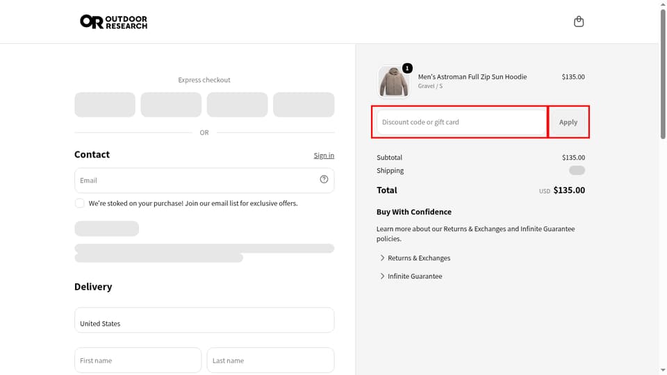 Outdoor Research checkout page showing the Discount code or gift card field and Apply button