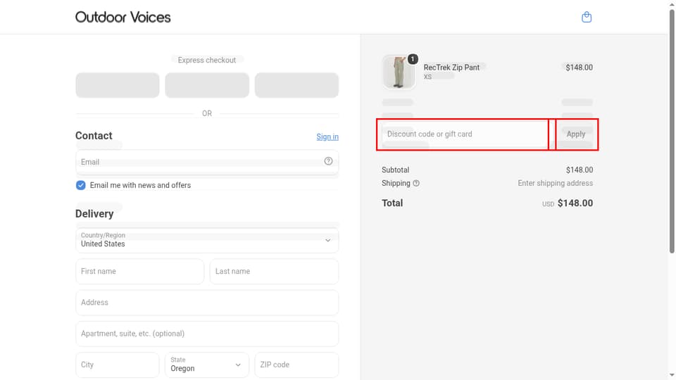Outdoor Voices checkout page showing the Discount code or gift card field and Apply button