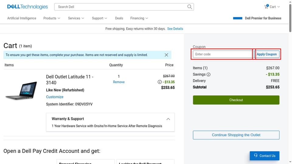 Dell Outlet checkout page showing the Enter code field and Apply Coupon button