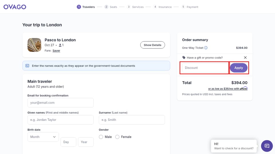 Ovago checkout page showing the Discount field and Apply button