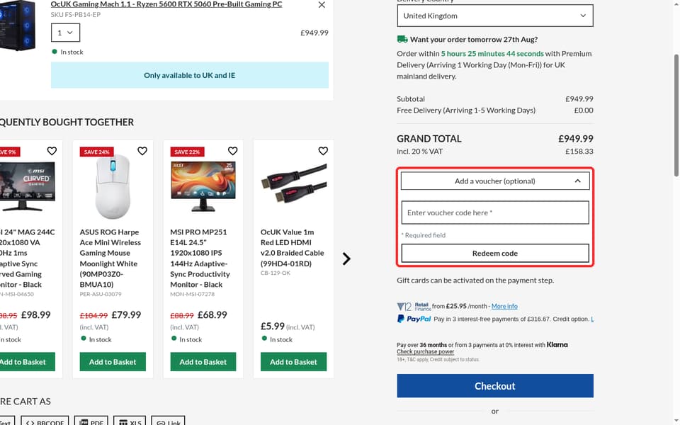 Overclockers UK checkout page showing the Enter voucher code here field and Redeem code button